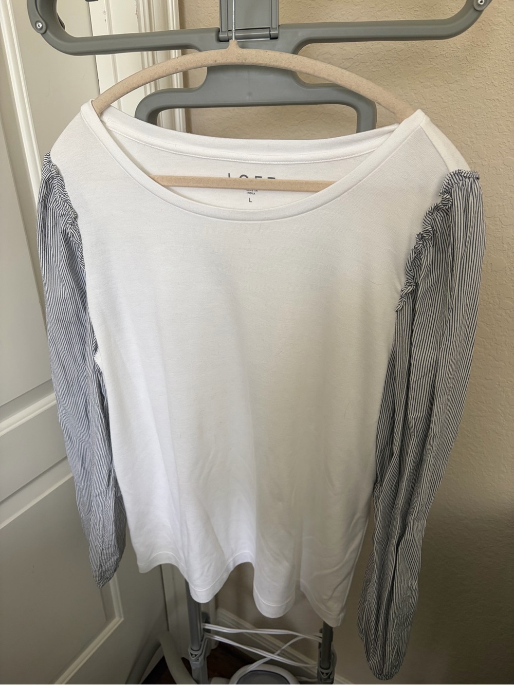 LOFT White Tee with Pinstripe Long Sleeves